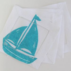 Sailboat on White Linen Cocktail Napkins