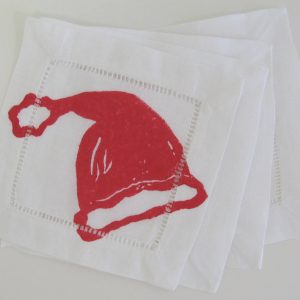 Santa Hat on White Linen Cocktail Napkins