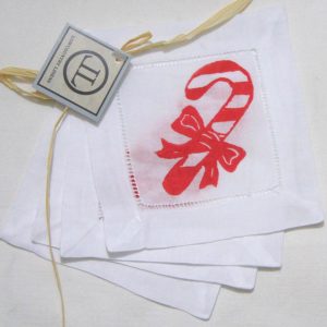Candy Cane on White Linen Cocktail Napkins