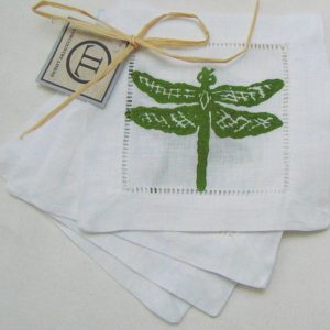 Dragonfly on White Linen Cocktail Napkins
