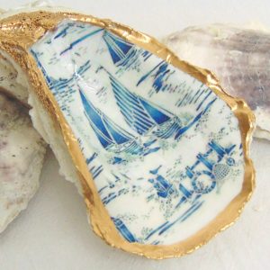 Sailboat Toile Oyster Shell Jewelry Bowl