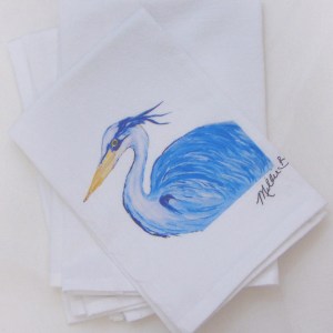 Limited Edition Print Blue Heron on White Flour Sack Napkins