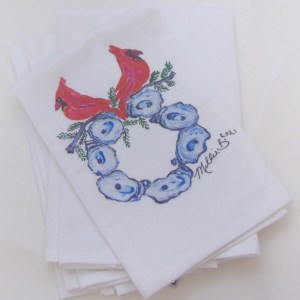 Limited Edition Print Cardinal Oyster Shell Wreath on White Flour Sack Napkins
