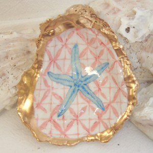 Watercolor  Starfish Oyster Shell Jewelry Bowl