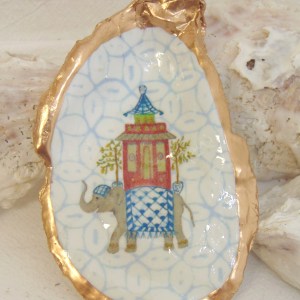 Watercolor Elephant Pagoda Oyster Shell Jewelry Bowl