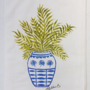 Limited Edition Watercolor Ginger Jar Palm Frond Plant Print White Flour Sack Towel