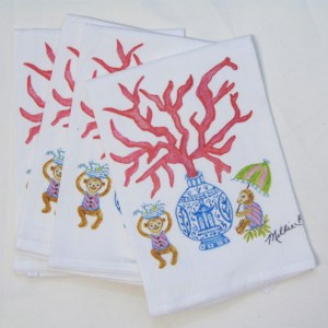 Alternative view of Limited Edition Watercolor Coral and Monkeys Print White Flour Sack Towel