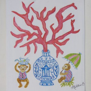 Limited Edition Watercolor Coral and Monkeys Print White Flour Sack Towel