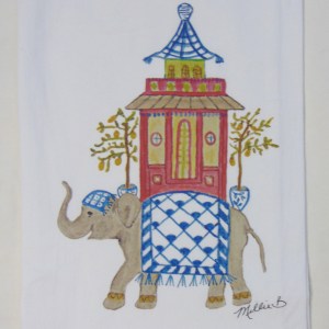 Limited Edition Watercolor Elephant Pagoda Print White Flour Sack Towel