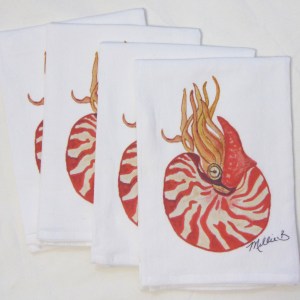 Limited Edition Watercolor Red Live Nautilus Print White Flour Sack Napkins