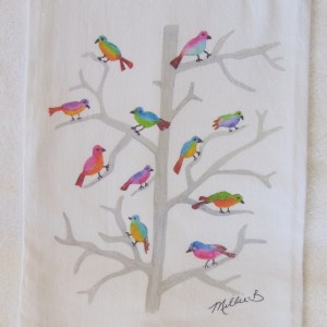 Limited Edition Watercolor Birdies Print White Flour Sack Towel