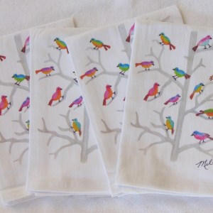 Limited Edition Watercolor Birdies Print White Flour Sack Napkins