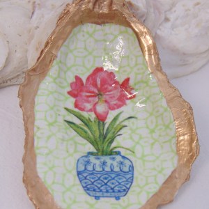 Watercolor Amaryllis Ginger Jar Oyster Shell Jewelry Bowl
