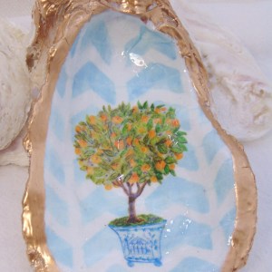 Watercolor Orange Topiary Tree Oyster Shell Jewelry Bowl