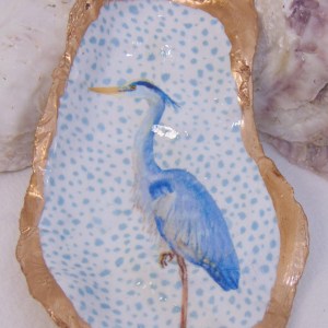 Watercolor Tall Heron Oyster Shell Jewelry Bowl