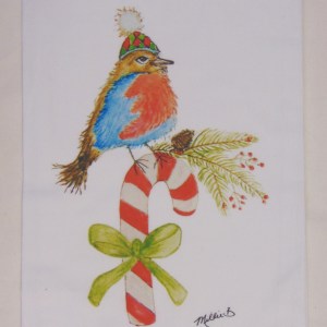 Limited Edition Watercolor Candy Cane Birdies Print White Flour Sack Towel