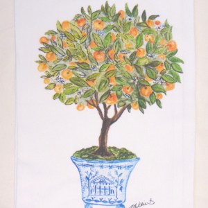 Limited Edition Watercolor Orange Topiary Print White Flour Sack Towel