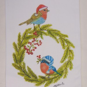 Limited Edition Watercolor Wreath Birdies Print White Flour Sack Towel