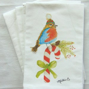 Alternative view of Limited Edition Watercolor Candy Cane Birdies Print White Flour Sack Towel