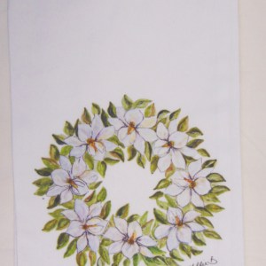 Limited Edition Watercolor Magnolia Wreath Print White Flour Sack Towel
