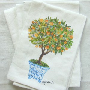 Alternative view of Limited Edition Watercolor Orange Topiary Print White Flour Sack Towel