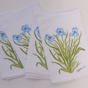 Limited Edition Watercolor Blue Iris Print White  Flour Sack Napkins