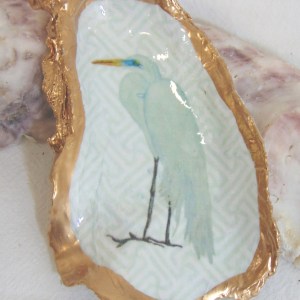 Watercolor Egret  Oyster Shell Jewelry Bowl