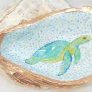 Watercolor Aqua Sea Turtle Oyster Shell Jewelry Bowl