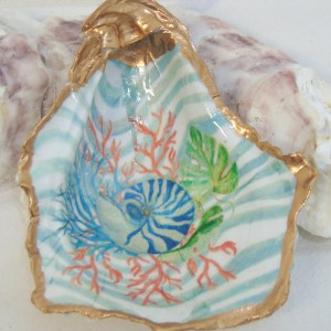 Watercolor Nautilus and Coral Oyster Shell Jewelry Bowl