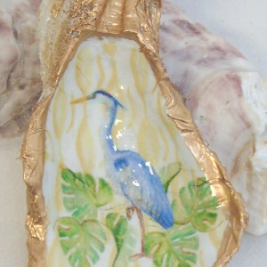 Watercolor Tall Heron Monsteras Oyster Shell Jewelry Bowl