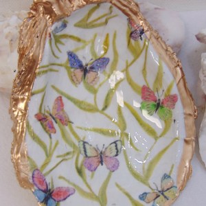 Watercolor Green Butterfly Garden Oyster Shell Jewelry Bowl