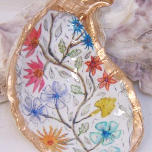 Watercolor Floral Vine Oyster Shell Jewelry Bowl