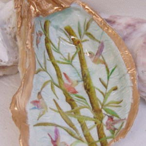 Watercolor Bamboo Hummingbirds Oyster Shell Jewelry Bowl