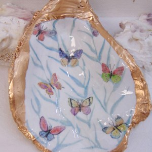 Watercolor Aqua Butterfly Garden Oyster Shell Jewelry Bowl