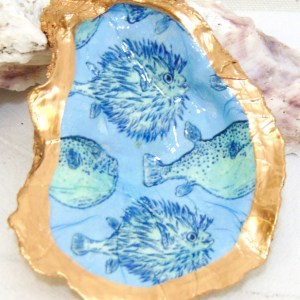 Watercolor Puffer Oyster Shell Jewelry Bowl