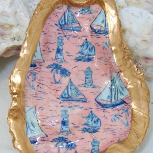 Watercolor Coral Sailboat Toile Oyster Shell Jewelry Bowl