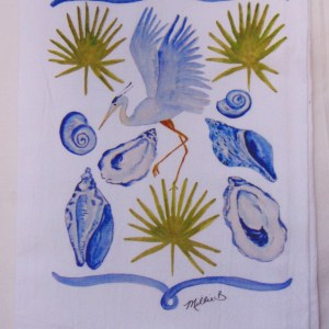 Limited Edition Watercolor Blue Coastal Life Print White Flour Sack Towel