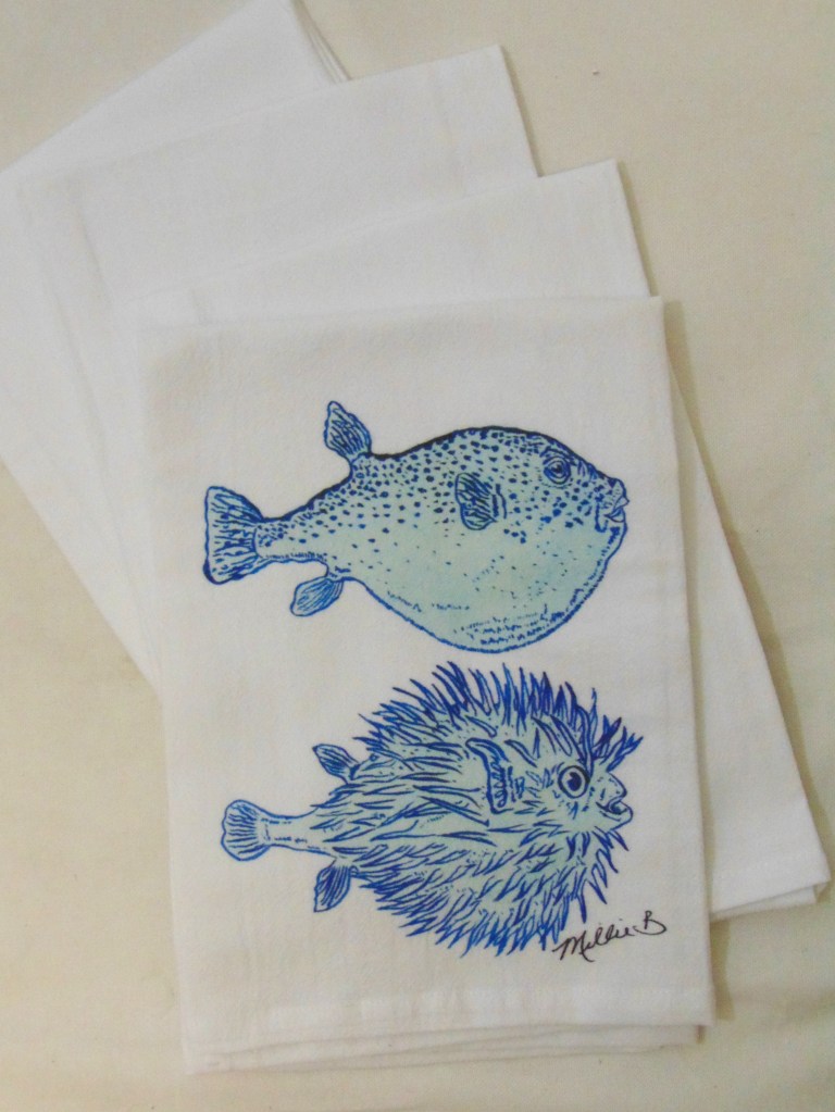 Limited Edition Puffer Fish on White Flour Sack Napkin Lowcountry Linens