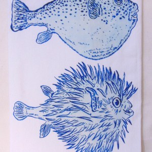 Limited Edition Watercolor Puffer Fish Print White Flour Sack Towel