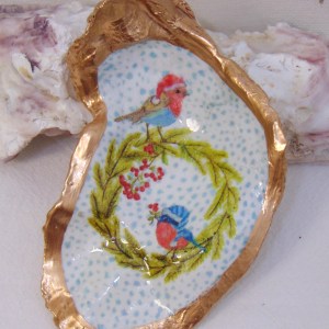 Watercolor Wreath Birdies Oyster Shell Jewelry Bowl