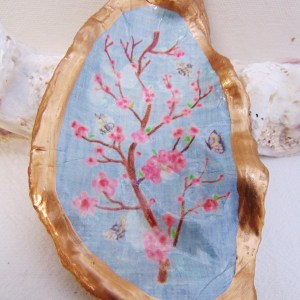 Watercolor Cherry Blossom Oyster Shell Jewelry Bowl