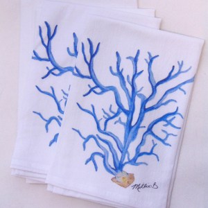 Alternative view of Limited Edition Watercolor Blue Coral Print White Flour Sack Towel