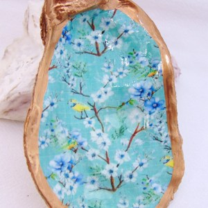 Watercolor Battery Blossoms Blue Oyster Shell Jewelry Bowl