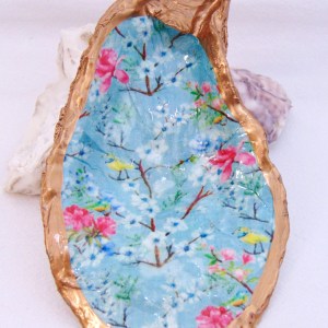 Watercolor Battery Blossoms Pink Oyster Shell Jewelry Bowl