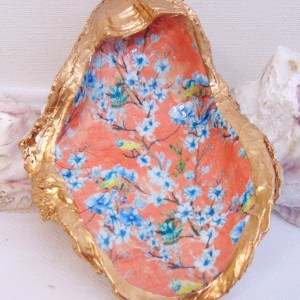 Watercolor Battery Blossoms Blue on Coral Oyster Shell Bowl