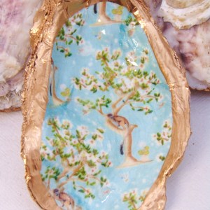 Watercolor Hanami Whimsy Aqua Oyster Shell Jewelry Bowl