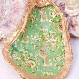 Watercolor Hanami Whimsy Olive Oyster Shell Jewelry Bowl