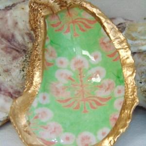 Watercolor Poppy Love Pink Green Oyster Shell Jewelry Bowl