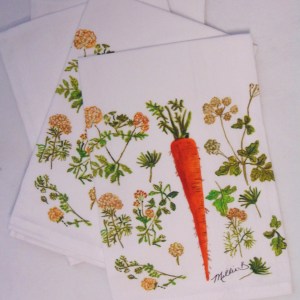 Limited Edition Watercolor Carrot and Herbs White Flour Sack Napkins